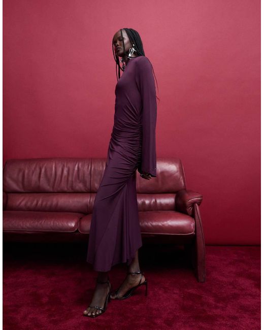 & Other Stories Red High Neck Long Sleeve Soft Twisted Midi Dress