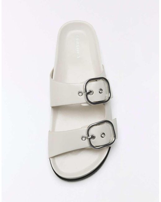 Bershka White Flat Slider Sandals With Buckles