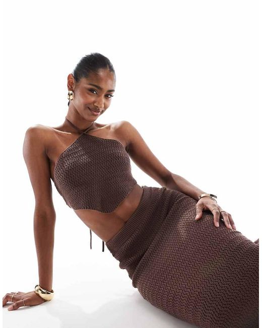 4th & Reckless Brown Knitted Halterneck Cropped Beach Scarf Top Co-ord
