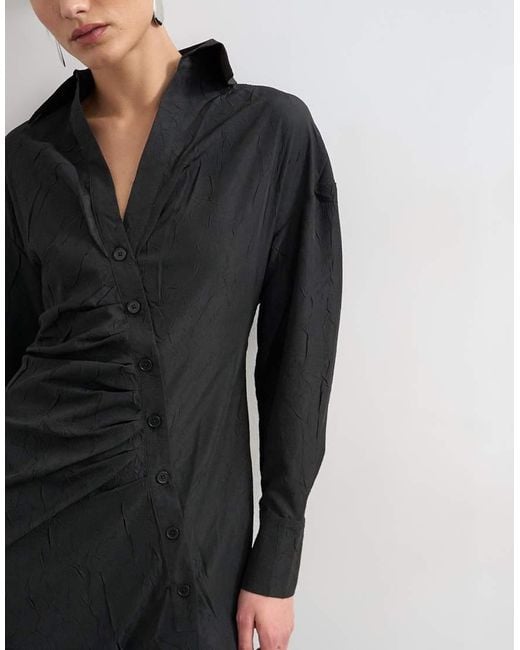 TOPSHOP Blue Open Collar Ruched Long Sleeve Midi Shirt Dress