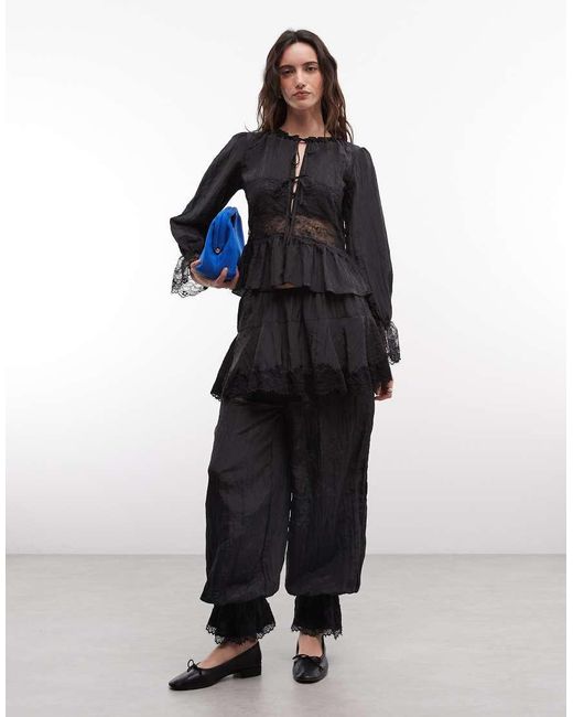 Daisy Street Black Boho Lace Insert Tie Front Blouse