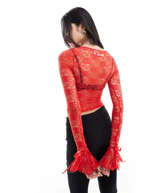 Daisy Street Red Boat Neck Long Sleeve Lace Top With Tie Sleeves