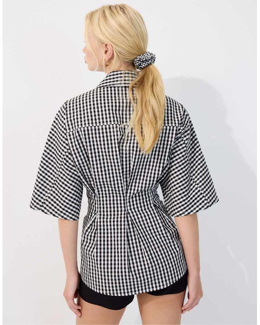 Stradivarius Gray Poplin Shirt With Kimono Sleeves And Pleats