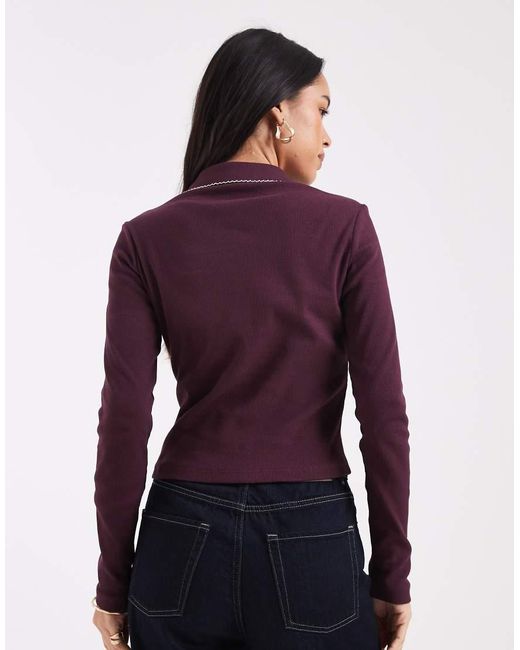Miss Selfridge Purple Button Though Rib Shirt With Blanket Stitch Detail