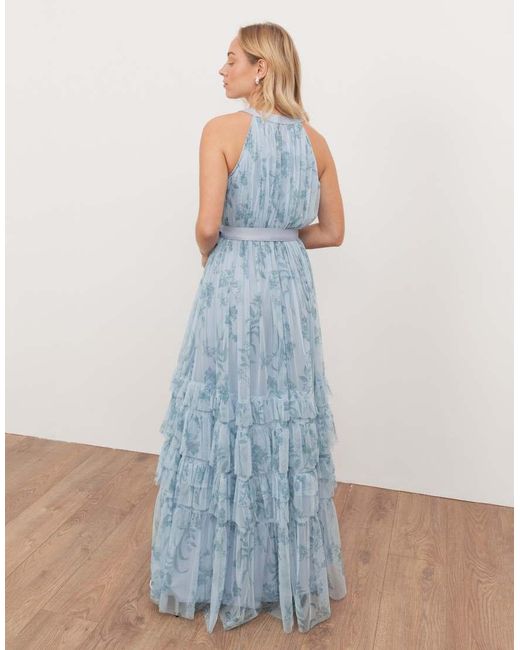 ANAYA Blue Floral Halter Neck Ruffle Tulle Maxi Dress