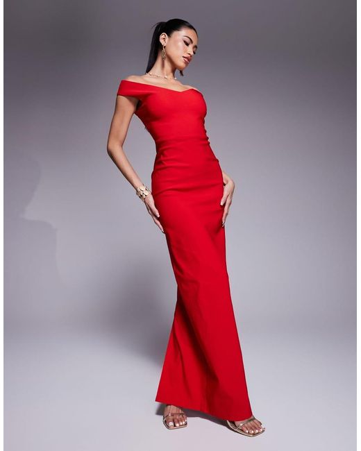 Vesper Red Bengaline Sweetheart Neckline Off The Shoulder Maxi Dress