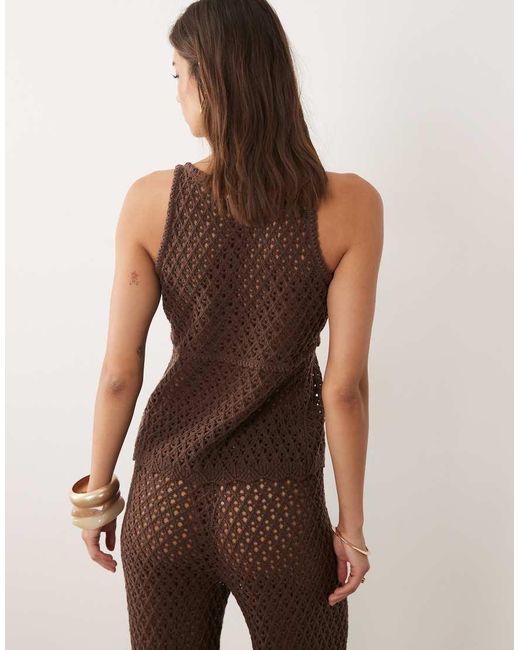 4th & Reckless Brown Cotton Blend Crochet Tie Split Front Beach Top Co-Ord
