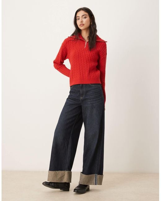 Mango Red Cable Knit Quarter Zip Jumper