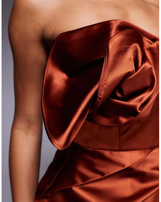 ASOS Orange Bandeau Satin Structured Dress With Undone Corsage And Pleat Skirt