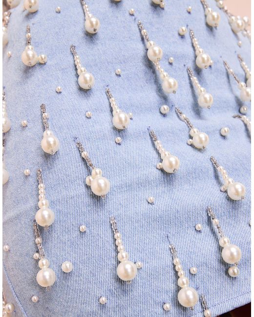 Robe courte en jean à pampilles en perles fantaisie - moyen délavé ASOS en coloris Blue