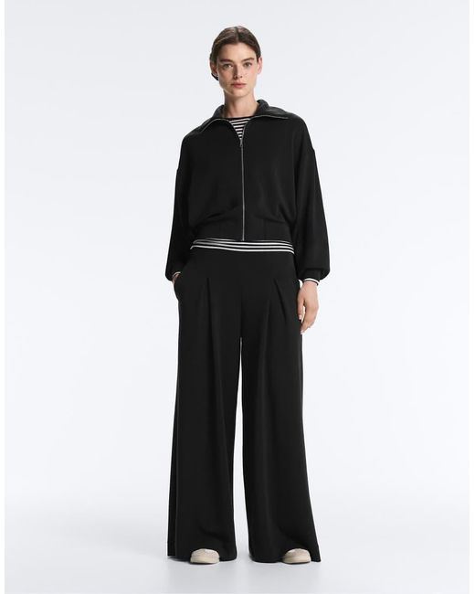 Oysho Black Wide-leg Pleated Trousers With Soft-touch Modal