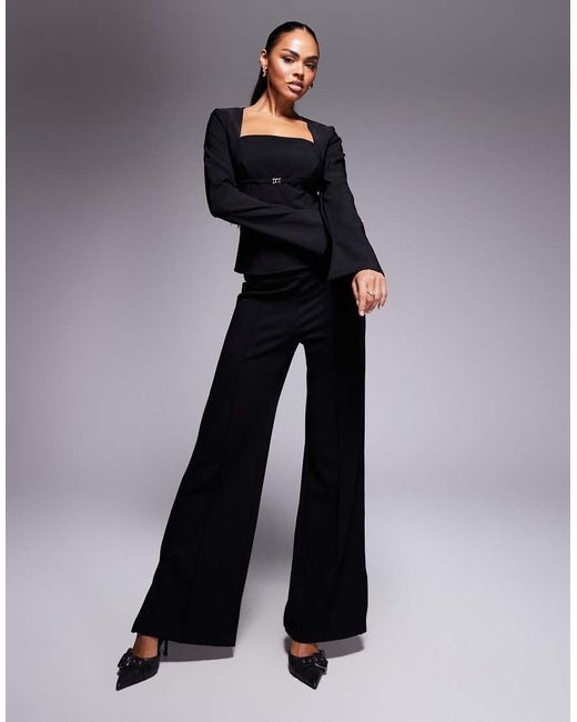 Princess Polly Black Flounce Square Neck Flare Sleeve Metal Buckle Detail Top