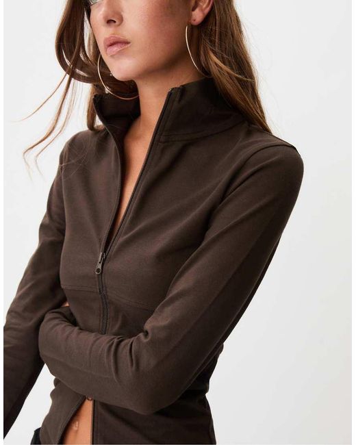 Stradivarius Brown Double Zip T-shirt