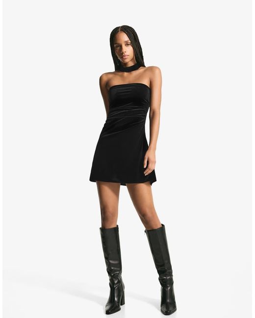 Bershka Black Velvet Bandeau Mini Dress With Scarf