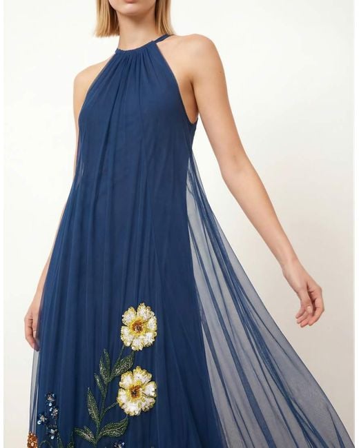 Maya Blue Floral Embellished Halter Neck Trapeze Maxi Dress