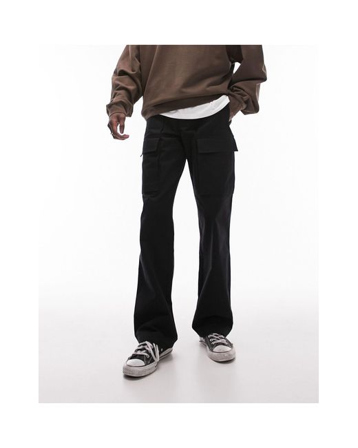 Topman Black Wide Leg Stacker Smart Cargo Trousers for men