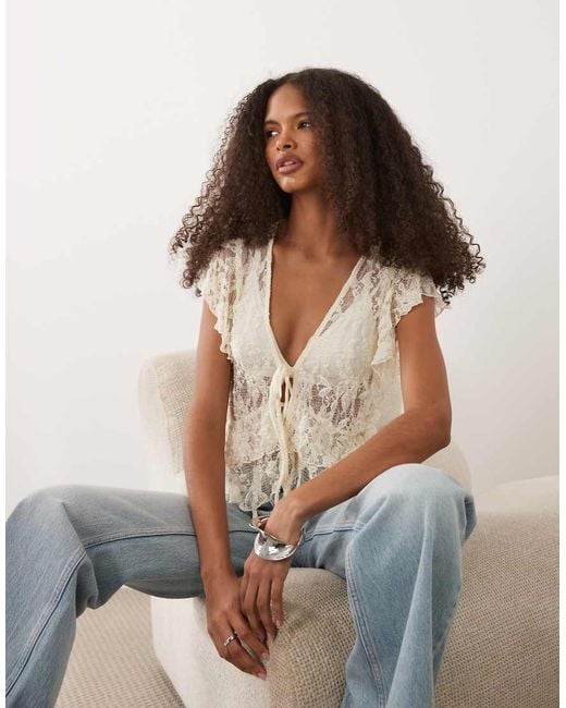 Vila Brown Tie Front Ruffle Lace Top