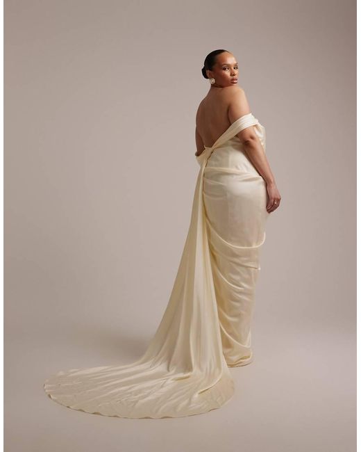 ASOS Natural Asos Design Curve Draped Bardot Tie Back Maxi Wedding Dress