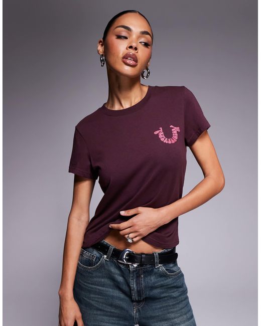 TRUE RELIGION Women's Purple Crystal Logo Back Baby Tee