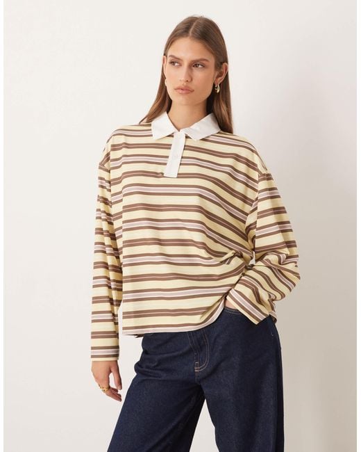 ASOS Natural Long Sleeve Stripe Rugby Polo