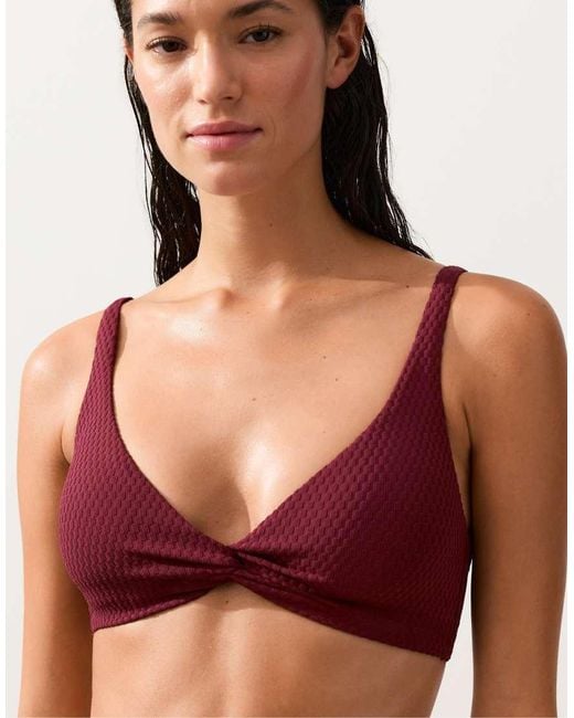 Oysho Red Mini Check Jacquard Bikini Top