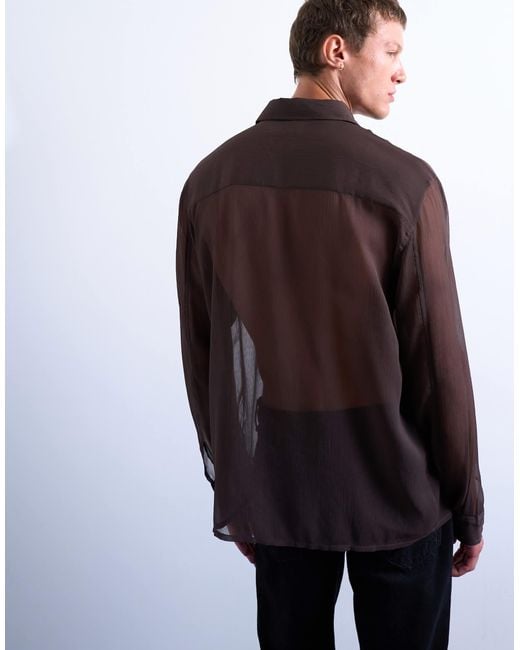 Topman Brown Relaxed Fit Crinkle Texture Sheer Shirt for men