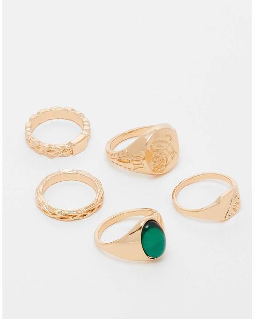 ASOS Set Van 5 Zegelringen Met Groene Steen in het Natural voor heren