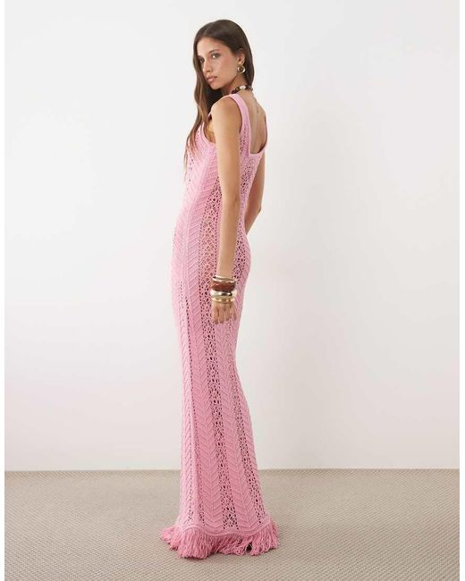 ASOS Pink Crochet Knit Maxi Dress With Fringe