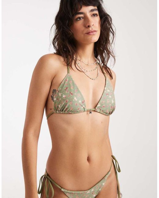 Daisy Street Brown Ditsy Floral Triangle Bikini Top And Tie Side Bottoms Set