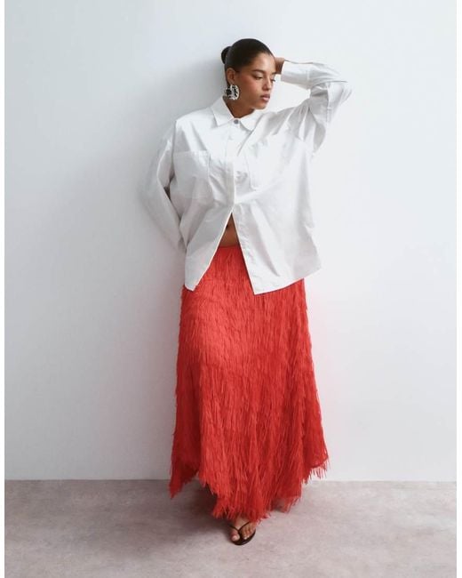 ARRANGE White Curve Fringe Texture Asymmetric Maxi Skirt