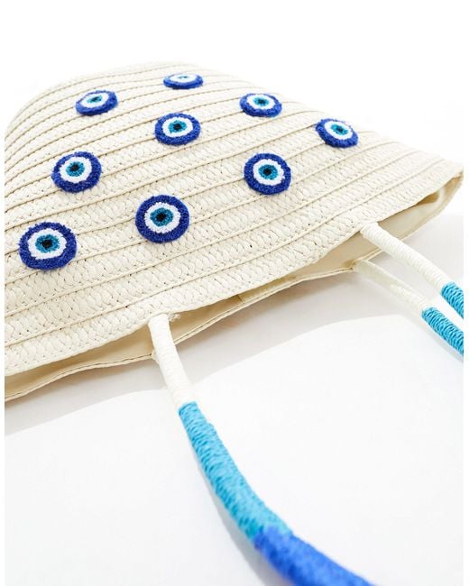 South Beach Blue Straw Basket Shoulder Bag With Eye Detail