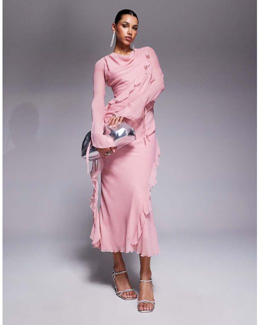DASKA Pink Chiffon Ruffle Maxi Dress