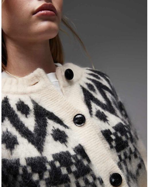 & Other Stories Gray Fluffy Wool And Mohair Blend Fair Isle Yarn Jacquard Print Cardigan