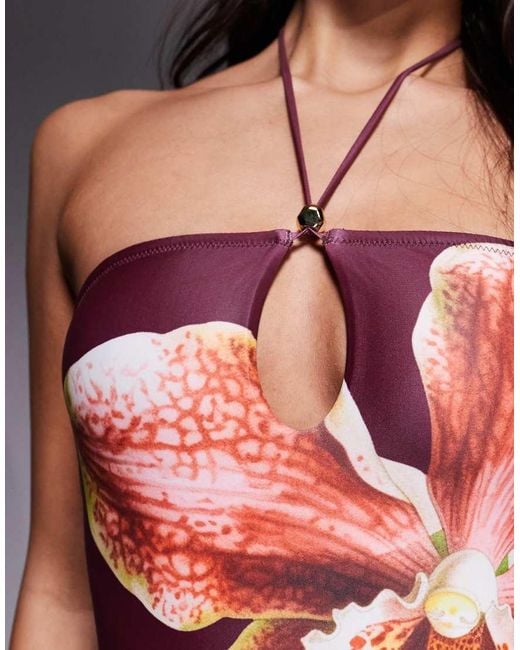 South Beach Red Abstract Floral Print Cutout Swimsuit