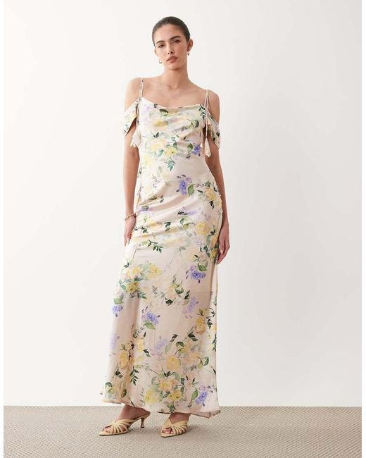 Hope & Ivy Natural Satin Cold Shoulder Cami Maxi Dress