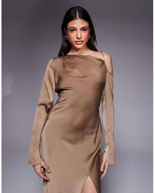 formal off the shoulder dress with sleeves Donna Long Off the Shoulder Illusion Sleeve Dress