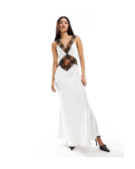 4th & Reckless White Cut Out Contrast Lace Trim Satin Maxi Dress