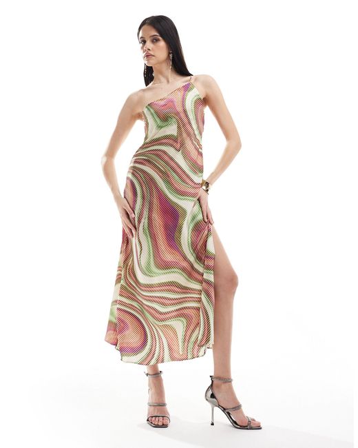 Mango White One Shoulder Wave Print Midi Dress