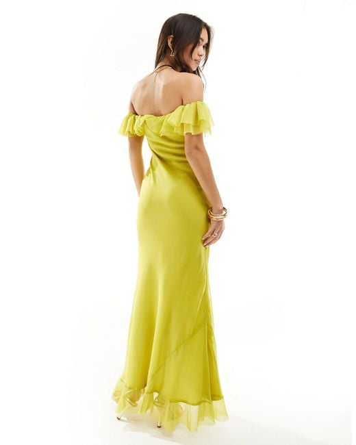ASOS Yellow Frill Bardot Bias Cut Maxi Dress