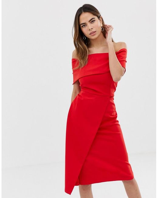 Oasis Red Bardot Midi Dress