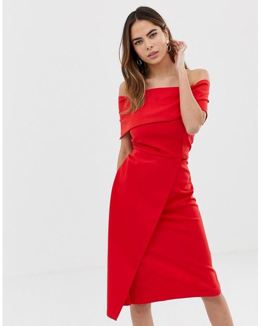 Oasis Midi-jurk Met Bardot-hals in het Red