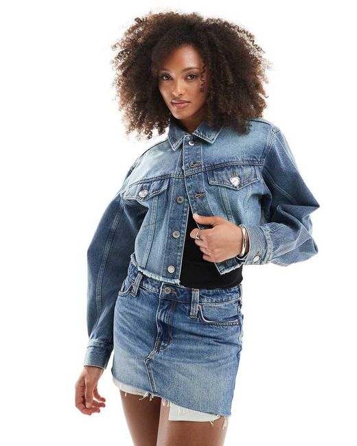 Monki Blue Cropped Raw Hem Denim Jacket