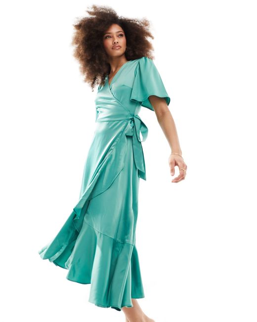 Y.A.S Green Bridesmaid Satin Wrap Midi Dress