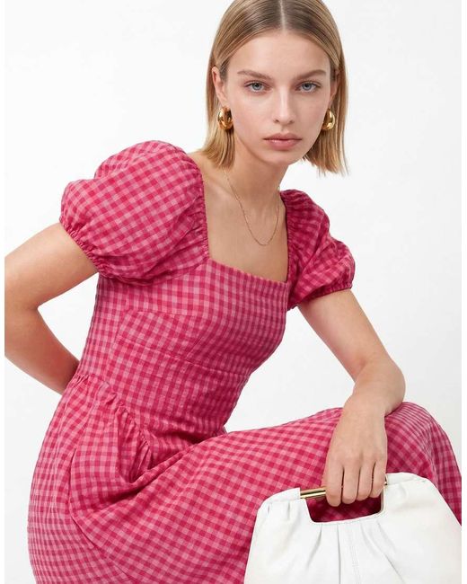 Lovedrobe Pink Gingham Square Neck Short Sleeve Midaxi Dress