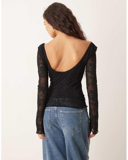 Gina Tricot Blue Long Sleeve Tie Front Flower Jacquard Top