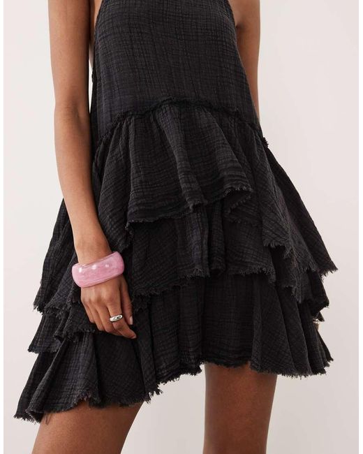 ASOS Black Double Cloth Washed Mini Sundress With Distressed Ruffles