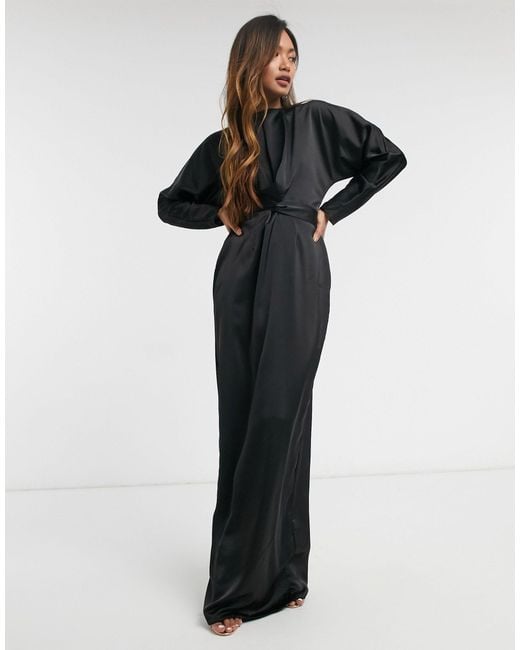 ASOS Black Satin Maxi Dress With Batwing Sleeve And Wrap Waist