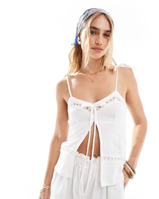 esmé studios White Esmee Exclusive Tie Strap Beach Crop Top With Tie Front And Lace Cut Out Detail
