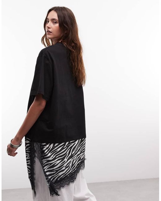 Noisy May Black Oversized T-shirt With Asymm Satin Lace Hem Underlay