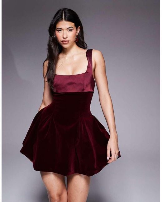 Murci Red Satin Contrast Square Neck Bow Tie Back Velvet Mini Dress